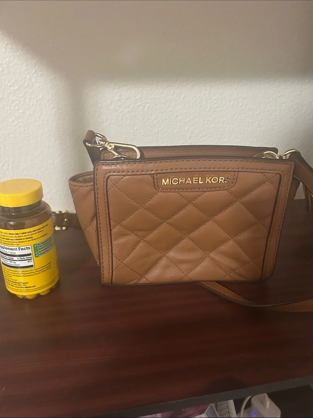 Michael Kors Quilted Leather Crossbody in Tan with Gold Hardware